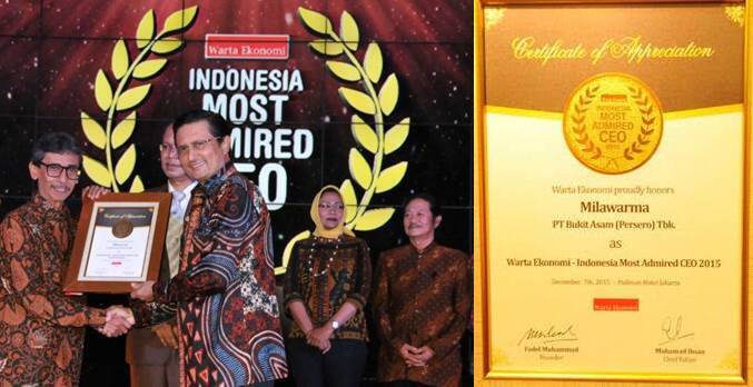 PTBA Peroleh Penghargaan Sebagai 'Indonesia Most Admired CEO 2015'.