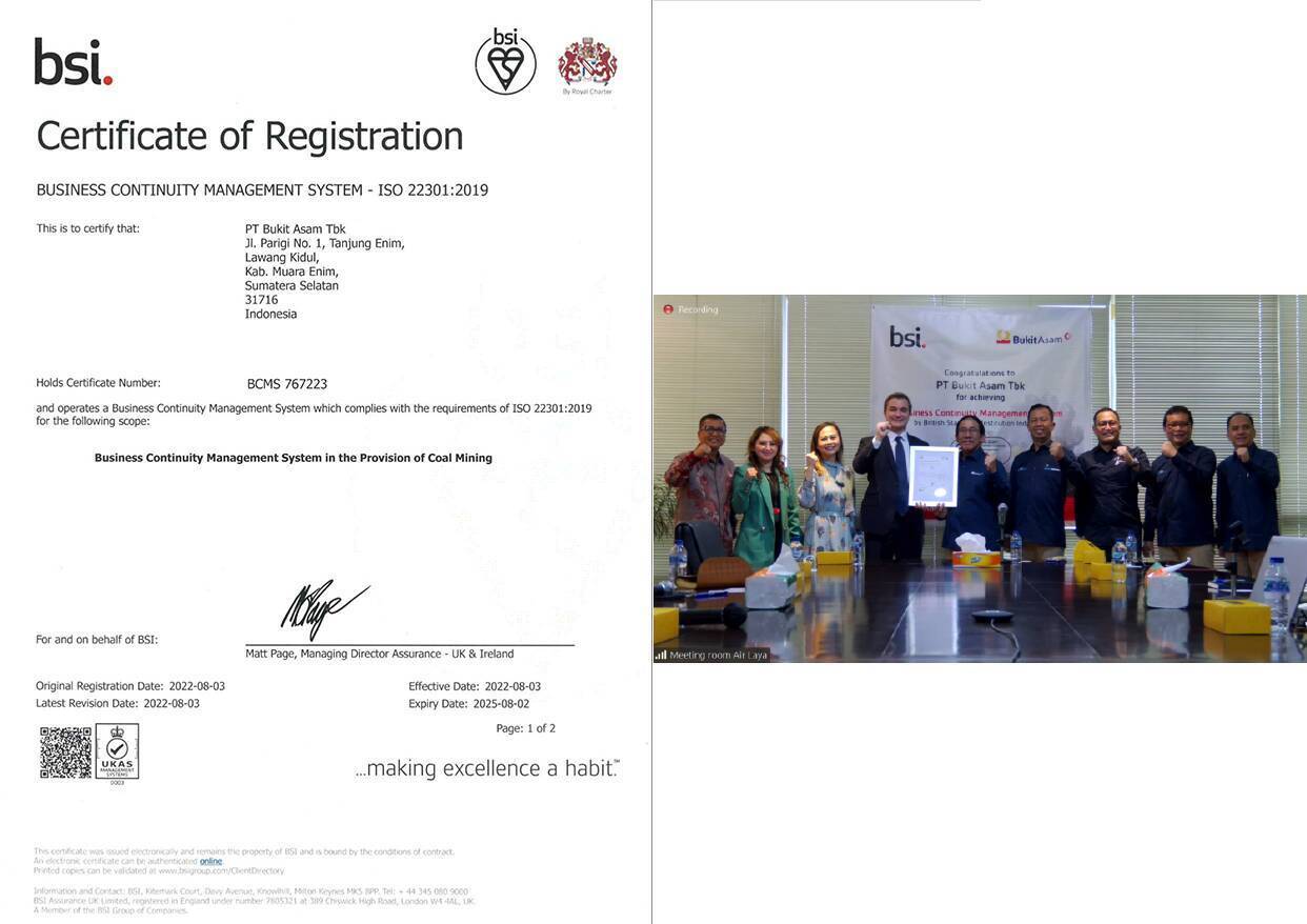 Bukit Asam Peroleh Sertifikat Business Continuity Management System ISO 22301:2019