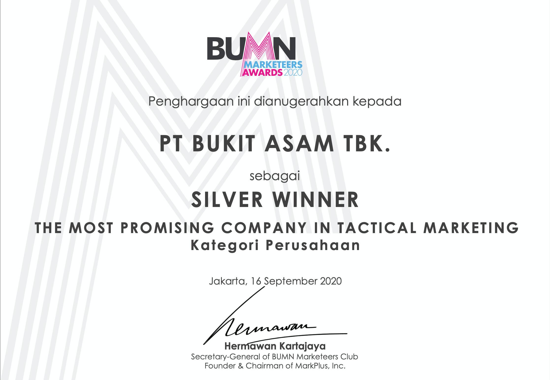 Bukit Asam Raih Penghargaan The Most Promising Company in Tactical Marketing
